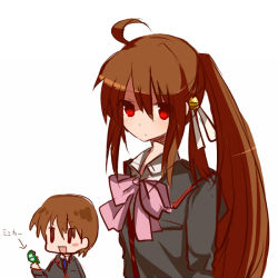 Rule 34 | 1boy, 1girl, bad id, bad pixiv id, bow, brother and sister, brown hair, chibi, little busters!, long hair, natsume kyousuke, natsume rin, oshiruko (tsume), pink bow, ponytail, red eyes, school uniform, siblings