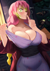 Rule 34 | 1girl, absurdres, bare shoulders, blush, breasts, castell, cleavage, collarbone, gradient hair, green eyes, green hair, highres, japanese clothes, kanroji mitsuri, kimetsu no yaiba, kimono, large breasts, long hair, long sleeves, looking at viewer, mole, mole under eye, multicolored hair, off shoulder, one eye closed, pink hair, smile, solo, tri braids