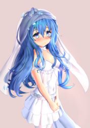 Rule 34 | 1girl, absurdres, blue eyes, blue hair, blush, breasts, butterfly hair ornament, cleavage, covered navel, date a live, dream41, dress, flower, hair flower, hair ornament, highres, own hands together, pantyhose, pink background, simple background, small breasts, solo, veil, wedding dress, white dress, white pantyhose, yoshino (date a live)