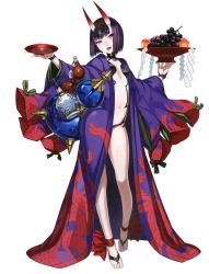 Rule 34 | 1girl, alcohol, breasts, cup, fate/grand order, fate (series), highres, honjou raita, horns, japanese clothes, kimono, looking at viewer, navel, official art, oni, open mouth, purple eyes, purple hair, sake, short hair, shuten douji (fate), small breasts, smile, solo, toes