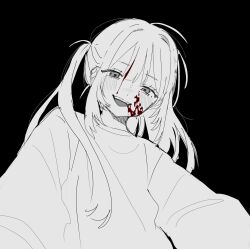 Rule 34 | 1girl, absurdres, blood, blood on face, blush, greyscale, hair between eyes, hanataro (sruvhqkehy1zied), highres, long hair, long sleeves, looking at viewer, monochrome, one side up, open mouth, original, simple background, solo, spot color, sweat, sweater, upper body