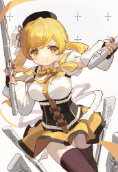 Rule 34 | &gt;:), 1girl, absurdres, black gloves, black headwear, blonde hair, brown thighhighs, closed mouth, commentary, corset, cowboy shot, detached sleeves, drill hair, fingerless gloves, gloves, hair ornament, highres, holding, holding weapon, long sleeves, looking at viewer, magical girl, mahou shoujo madoka magica, mahou shoujo madoka magica (anime), neck ribbon, ponfer, puffy long sleeves, puffy short sleeves, puffy sleeves, ribbon, short sleeves, skirt, smile, solo, striped clothes, striped thighhighs, symbol-only commentary, thighhighs, tomoe mami, twin drills, twintails, v-shaped eyebrows, vertical-striped clothes, vertical-striped thighhighs, weapon, yellow eyes, yellow ribbon, yellow skirt, zettai ryouiki