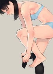 Rule 34 | 1girl, absurdres, barefoot, black pantyhose, blue bra, blue panties, bra, breasts, dressing, feet, highres, leaning forward, lips, looking down, midriff, original, panties, pantyhose, short twintails, small breasts, solo, standing, standing on one leg, stomach, toes, twintails, underwear, underwear only, yomu (sgt epper)