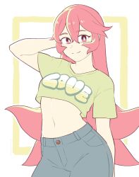 Rule 34 | 1girl, arm behind head, blue pants, breasts, commentary, contrapposto, crop top, cropped shirt, denim, highres, jeans, long hair, midriff, navel, original, pants, pink eyes, pink hair, rida (vibrantrida), small breasts, solo, very long hair, vibrantrida