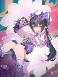 Rule 34 | 1girl, absurdres, ahoge, black hair, boots, bouquet, bow, brown eyes, closed mouth, colored inner hair, floating, flower, frills, hair between eyes, hair bow, hair ornament, highres, holding, holding bouquet, horns, knees together feet apart, long hair, long sleeves, looking at viewer, mosou keito, multicolored hair, original, pink flower, pointy ears, purple bow, purple flower, purple footwear, purple hair, purple skirt, shirt, sitting, skirt, socks, solo, tail, two-tone hair, white shirt, white socks