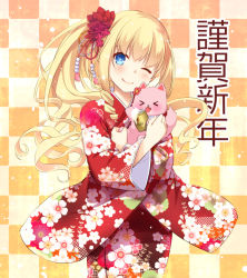 Rule 34 | &gt; &lt;, 1girl, :d, ;), alcohol, amagi brilliant park, animal, animal hug, beer, beer can, blonde hair, blush, can, cat, checkered background, closed mouth, commentary request, drink can, floral print, flower, hair flower, hair ornament, head tilt, japanese clothes, kimono, latifa fleuranza, long hair, long sleeves, looking at viewer, nakajima yuka, new year, one eye closed, open mouth, print kimono, red flower, red kimono, side ponytail, sidelocks, smile, tiramii, very long hair, wide sleeves, xd