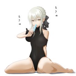 1girl animated animated_gif artoria_pendragon_(all) artoria_pendragon_(fate) barefoot bow breasts crotch fate/hollow_ataraxia fate_(series) hair_bow hair_ornament large_breasts leotard long_hair long_nipples saber_(fate) saber_alter silver_hair simple_background sitting solo spread_legs wariza white_background yellow_eyes