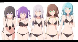 Rule 34 | 5girls, :d, ;d, absurdres, aqua hair, arms behind back, bang dream!, bare legs, bare shoulders, bikini, black bikini, black border, black hair, blue eyes, blush, border, breasts, brown hair, camisole, cleavage, closed mouth, cowboy shot, fang, finger to mouth, flying sweatdrops, frilled bikini, frilled camisole, frills, front-tie bikini top, front-tie top, green eyes, grey hair, halterneck, hand on own hip, hand on own chest, hand on own stomach, highres, hikawa sayo, imai lisa, kai3700, large breasts, layered bikini, leaning forward, long hair, looking at viewer, lowleg, lowleg bikini, medium breasts, medium hair, minato yukina, multiple girls, navel, one eye closed, one side up, open mouth, orange eyes, purple eyes, purple hair, roselia (bang dream!), shadow, shirokane rinko, side-tie bikini bottom, sidelocks, simple background, skindentation, small breasts, smile, smug, standing, stomach, sweat, sweatdrop, swept bangs, swimsuit, thigh gap, thighs, twitter username, two side up, udagawa ako, v, wavy mouth, white background