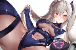 Rule 34 | 1girl, absurdres, black nails, blush, bodystocking, breasts, breasts apart, closed mouth, crossed bangs, fingerless gloves, from below, gloves, grey hair, hair between eyes, high collar, highres, holding, holding hair, indie virtual youtuber, large breasts, long hair, looking at viewer, lying, maru ccy, navel, on back, orange eyes, saruei (vtuber), simple background, smile, solo, spread legs, twintails, virtual youtuber