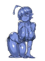 Rule 34 | 1girl, all fours, antennae, bad id, bad twitter id, bikini, black bikini, blue eyes, blue hair, blue sclera, blue skin, breasts, colored sclera, colored skin, commentary request, fukurou (owl222), grin, hair between eyes, highres, inactive account, large breasts, melting, monster girl, original, pointy ears, short hair, simple background, sketch, slime girl, smile, solo, swimsuit, white background