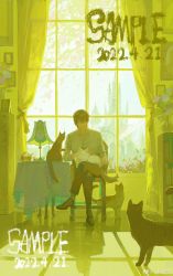 Rule 34 | 1boy, animal, animal on lap, black hair, brown eyes, brown footwear, brown pants, cat, cat on lap, cathedral, cherry blossoms, chinese commentary, clear sky, commentary request, crossed legs, cup, curtains, drawing (object), flower, green theme, highres, indoors, klein moretti, lamp, lord of the mysteries, on lap, pants, sample watermark, shadow, shirt, short hair, sky, smile, table, tablecloth, tangzhuyan, teapot, tree, vase, wardrobe, watermark, white shirt, window, yellow theme