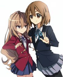 Rule 34 | 2girls, absurdres, aisaka taiga, annoyed, arm behind back, arm on another&#039;s shoulder, black pantyhose, black ribbon, black thighhighs, blazer, blue jacket, blue ribbon, blue skirt, brown eyes, brown hair, buttons, closed mouth, collared shirt, commentary request, cowboy shot, crossover, double-breasted, grey skirt, hair between eyes, hair ornament, hairclip, highres, hirasawa yui, jacket, k-on!, long hair, long sleeves, looking at another, looking at viewer, multiple girls, neck ribbon, onmoynn, oohashi high school uniform, pantyhose, pleated skirt, red jacket, ribbon, sakuragaoka high school uniform, school uniform, shirt, short hair, simple background, skirt, smile, thighhighs, toradora!, w, white background, white shirt