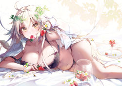 Rule 34 | 1girl, ahoge, black bra, black panties, blonde hair, bra, breasts, cleavage, fate/grand order, fate (series), flower, flower bracelet, food, fruit, glass, jeanne d&#039;arc (fate), jeanne d&#039;arc alter (avenger) (fate), jeanne d&#039;arc alter (fate), kanola u, large breasts, long hair, looking at viewer, lying, mouth hold, navel, open clothes, open shirt, panties, shirt, solo, strawberry, underwear, very long hair, white shirt, yellow eyes