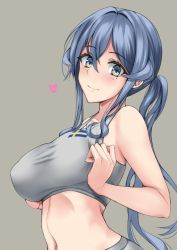 Rule 34 | 1girl, blue eyes, blue hair, blush, breasts, commentary request, eyelashes, gotland (kancolle), grey background, heart, kantai collection, kuurunaitsu, large breasts, long hair, looking at viewer, mole, mole under eye, ponytail, sidelocks, simple background, smile, solo, sports bra, swedish flag, upper body