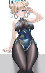 Rule 34 | 1girl, absurdres, black pantyhose, blonde hair, blue archive, blue dress, blue eyes, blue halo, blue nails, breasts, china dress, chinese clothes, closed mouth, covered navel, double bun, dress, feet out of frame, fingernails, hair bun, halo, highres, jinpaitugounan, looking at viewer, medium breasts, nail polish, pantyhose, short hair, sleeveless, sleeveless dress, solo, toki (blue archive)