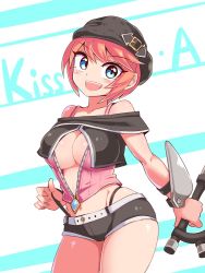 Rule 34 | 1girl, black hat, blue eyes, blush, breasts, cleavage, cougar (cougar1404), frontal wedgie, hat, kissa (cougar1404), large breasts, navel, open mouth, orange hair, short shorts, shorts, solo, sword, thong, weapon, wedgie, zipper