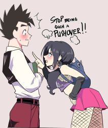 Rule 34 | 1boy, 1girl, puff of air, alternate costume, arm warmers, backpack, bag, belt, bent over, black belt, black eyes, black hair, blue eyes, blush, book, commentary, crop top, dragon ball, dragonball z, ear piercing, earrings, english commentary, english text, fishnet pantyhose, fishnet top, fishnets, hand on own hip, highres, holding, holding book, jewelry, low twintails, miniskirt, pants, pantyhose, piercing, pink skirt, pointing, pointing at another, puffphox, red pants, skirt, son gohan, sweatdrop, twintails, videl