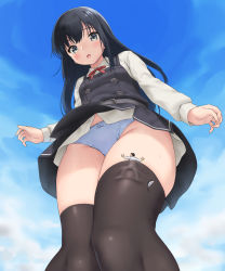 Rule 34 | 1boy, 1girl, admiral (kancolle), asashio (kancolle), belt, black hair, black thighhighs, blue eyes, blue panties, blue sky, blush, breasts, buttons, cloud, cloudy sky, collared shirt, dress, from below, giant, giantess, hair between eyes, hat, unworn hat, unworn headwear, highres, kantai collection, long hair, long sleeves, military, military hat, military uniform, naval uniform, neck ribbon, open mouth, outdoors, panties, peaked cap, pinafore dress, red ribbon, ribbon, shirt, skirt, sky, sleeveless dress, small breasts, teston, thigh strap, thighhighs, underwear, uniform, white shirt