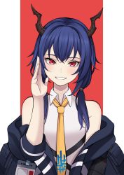 Rule 34 | 1girl, arknights, bare shoulders, blue hair, blue jacket, blush, ch&#039;en (arknights), commentary request, grin, hand up, highres, horns, jacket, keiita, long hair, looking at viewer, low twintails, necktie, off shoulder, red background, red eyes, shirt, sleeveless, sleeveless shirt, smile, solo, twintails, two-tone background, upper body, white background, white shirt, yellow necktie