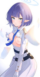 Rule 34 | 1girl, absurdres, aoi (blue archive), blue archive, blue eyes, blue hair, blue halo, blush, breasts, gloves, halo, highres, long sleeves, looking at viewer, medium breasts, mole, mole under eye, nipples, open mouth, pointy ears, shirt, short hair, skirt, solo, white gloves, white shirt, white skirt, zino zinuo