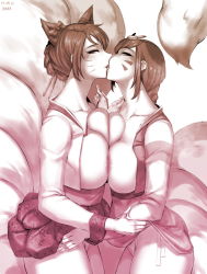 Rule 34 | 2girls, ah-lyong lee, ahri (league of legends), animal ears, braid, breast press, breasts, clothes lift, commentary request, crossover, d.va (overwatch), dated, facial mark, fox ears, fox tail, hair ornament, hair stick, highres, kiss, korean clothes, large breasts, league of legends, long hair, looking at viewer, monochrome, multiple girls, multiple tails, overwatch, overwatch 1, side-tie peek, sideways glance, symmetrical docking, tail, tongue, trait connection, whisker markings, yuri