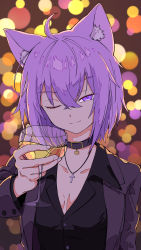 Rule 34 | absurdres, ahoge, animal ear fluff, animal ears, cat ears, cross, cross necklace, crossed bangs, cup, drinking glass, edwarddeputra42, formal, hair between eyes, highres, hololive, jewelry, necklace, nekomata okayu, one eye closed, purple eyes, purple hair, smile, solo, suit, virtual youtuber, wine glass