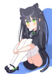 Rule 34 | 1girl, absurdres, animal ear fluff, animal ears, black dress, black footwear, black hair, blue archive, blunt bangs, china dress, chinese clothes, dress, green eyes, highres, hugging own legs, knees to chest, knees up, legs, long hair, mary janes, mikeran5648, own hands together, shoes, short sleeves, shun (blue archive), shun (small) (blue archive), sitting, smile, solo, thighhighs, thighs, tiger ears, tiger girl, twintails, white thighhighs