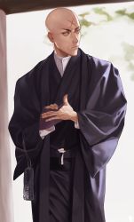 Rule 34 | 1boy, absurdres, bald, black robes, blurry, blurry background, fate/grand order, fate (series), grey eyes, highres, houzouin inshun (fate), japanese clothes, looking to the side, male focus, robe, samuraisamurai, scar, scar on face, scar on forehead, solo, standing