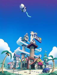 Rule 34 | 1boy, aircraft, airship, blue hair, car, cat, cloud, day, dirigible, flying, house, motor vehicle, notome, palm tree, scenery, sky, tower, tree, vehicle