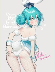 Rule 34 | 1girl, 2021, adjusting clothes, adjusting leotard, animal ears, aqua eyes, aqua nails, arm behind back, armband, ass, bare arms, bare back, bare shoulders, bicute bunnies miku, black ribbon, bow, closed mouth, clothes tug, contrapposto, cowboy shot, dated, double bun, ear bow, english text, eyelashes, fake animal ears, fingernails, fishnet pantyhose, fishnets, flying sweatdrops, frilled cuffs, frills, from behind, frown, fur trim, furrowed brow, glitter, grey background, hair between eyes, hair bun, hand on own leg, hatsune miku, highres, leotard, light blush, looking afar, looking back, nail polish, no nose, pantyhose, pecchii, pout, rabbit ears, rabbit tail, ribbon, shy, sidelocks, signature, simple background, solo, tail, tareme, vocaloid, white leotard, wrist cuffs