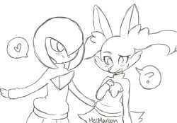 Rule 34 | 2girls, ?, animal ears, animal hands, artist name, blush, braixen, cleavage cutout, closed mouth, clothed pokemon, clothing cutout, creatures (company), female focus, fox ears, furry, furry female, game freak, gardevoir, gen 3 pokemon, gen 6 pokemon, greyscale, hair over one eye, hand up, happy, heart, highres, jpeg artifacts, long sleeves, looking at another, looking down, mezmaroon, monochrome, multiple girls, nintendo, open mouth, pokemon, pokemon (creature), raised eyebrow, short hair, signature, simple background, sketch, smile, speech bubble, spoken heart, spoken question mark, standing, sweat, sweater, white background