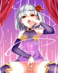 Rule 34 | 1girl, armpits, bare shoulders, censored, elbow gloves, energy drain, fate/grand order, fate (series), flat chest, gloves, jewelry, kama (fate), kama (first ascension) (fate), looking at viewer, open mouth, pubic tattoo, purple gloves, purple legwear, pussy, red eyes, ring, see-through, short hair, silver hair, solo, spread legs, spread pussy, tattoo, tongue, yoosai