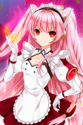 Rule 34 | 1girl, apron, barcode, braid, breasts, cleavage, collarbone, frilled skirt, frills, gloves, hand on own hip, juna, long hair, lowres, maid headdress, medium breasts, pink hair, pleated skirt, red eyes, robot ears, single braid, skirt, smile, solo, sword girls, twintails, two side up, very long hair