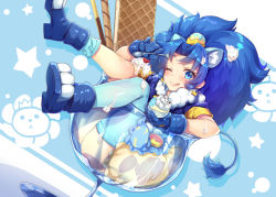 Rule 34 | 10s, 1girl, ;q, animal ears, blue background, blue eyes, blue footwear, blue gloves, blue hair, blue shirt, blue theme, blue thighhighs, blush, cookie, crown, cure gelato, earrings, extra ears, food, glass, gloves, ice cream, in container, jewelry, kirakira precure a la mode, lion ears, lion tail, long hair, looking at viewer, magical girl, mini crown, one eye closed, parted bangs, precure, satou (kuso-neet), shirt, shoes, single thighhigh, skirt, smile, solo, tail, tategami aoi, thighhighs, tongue, tongue out, white skirt