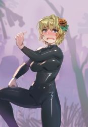Rule 34 | 1girl, black bodysuit, blonde hair, blush, bodysuit, bow (bhp), breasts, cameltoe, commentary request, covered navel, crying, crying with eyes open, d:, dancing, fang, grey background, jack-o&#039;-lantern, latex, latex suit, long sleeves, medium breasts, meme, open mouth, original, pumpkin dance (meme), purple eyes, scared, short hair, solo, standing, standing on one leg, tears