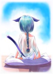 Rule 34 | 1girl, animal ears, blue hair, bottomless, braid, braided ponytail, cat ears, cat tail, from behind, gradient background, hyper police, kneeling, long hair, no pants, off shoulder, panties, pillow, purple panties, sasahara natsuki, sasahara natsuki (hyper police), see-through, single braid, solo, tail, underwear