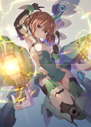 Rule 34 | 1girl, alice gear aegis, breasts, brown hair, closed mouth, commentary request, floating, floating object, highres, kimikage yui, mecha musume, mechanical legs, medium hair, purple eyes, small breasts, smile, solo, twintails, zb (dawn-blue)