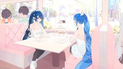 Rule 34 | 2girls, bao (vtuber), bare shoulders, black hair, blue hair, breasts, cleavage, cloud9, creator connection, crescent, crescent hair ornament, dragon girl, dragon horns, dress, gradient hair, hair ornament, high ponytail, highres, horns, indie virtual youtuber, liquid hair, long hair, multicolored hair, multiple girls, open mouth, red eyes, second-party source, sitting, twintails, very long hair, vienna (vtuber), virtual youtuber, weeniedesu, whale girl, white dress, white footwear