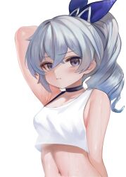 1girl absurdres arm_up bare_shoulders black_choker blue_ribbon bra_strap choker crop_top dokomon grey_eyes grey_hair hair_ribbon highres honkai:_star_rail honkai_(series) long_hair looking_at_viewer midriff navel ponytail ribbon shirt silver_wolf_(honkai:_star_rail) simple_background single-shoulder_shirt solo stomach upper_body white_background white_shirt