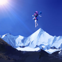 Rule 34 | 1girl, barefoot, black hat, black shirt, blue sky, day, earth (ornament), hat, hecatia lapislazuli, light rays, moon (ornament), mountain, multicolored clothes, multicolored skirt, open mouth, red eyes, red hair, shirt, short sleeves, skirt, sky, smile, snow, solo, sunlight, touhou, wei li