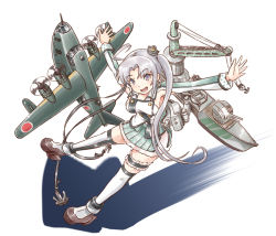 Rule 34 | 10s, 1girl, ahoge, aircraft, airplane, akitsushima (kancolle), anchor, armpits, flying boat, green skirt, hair ribbon, kantai collection, karasu (naoshow357), long hair, machinery, miniskirt, nishikitaitei-chan, open mouth, outstretched arms, pleated skirt, purple eyes, purple hair, ribbon, shadow, side ponytail, sidelocks, skirt, solo, spread arms, thighhighs, white thighhighs