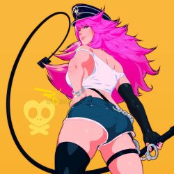 Rule 34 | 1girl, ass, breasts, cuffs, hand on own hip, handcuffs, hat, holding, holding weapon, jeans shorts, large breasts, lips, long hair, looking back, pink hair, poison (final fight), police hat, shorts, single sleeve, smile, street fighter, the art mage, weapon, whip, yellow background