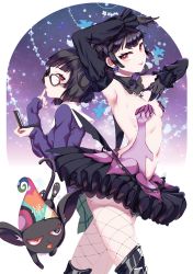 Rule 34 | 10s, 2girls, animal, arm up, armpits, bad id, bad pixiv id, black gloves, black hair, black princess, black skirt, blunt bangs, boots, breasts, closed mouth, cross, cross necklace, detached collar, detached sleeves, dual persona, earrings, fishnet pantyhose, fishnets, glasses, gloves, hat, heart, heart earrings, heterochromia, highres, jewelry, julion (akesuzu), long sleeves, looking at viewer, multiple girls, navel, necklace, pantyhose, plaid, plaid skirt, red eyes, revealing clothes, short hair, six heart princess, skirt, small breasts, smile, teiue tamaki, wizard hat