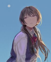 Rule 34 | 1girl, belt, blue belt, blue dress, blue sky, bow, bowtie, brown eyes, brown hair, collared shirt, day, dress, expressionless, full moon, hair over shoulder, half-closed eyes, highres, long hair, long sleeves, looking to the side, low twintails, mole, mole under mouth, momokumo, moon, original, outdoors, parted lips, pinafore dress, red bow, red bowtie, shirt, sidelighting, sideways glance, sky, sleeveless dress, solo, sunlight, twintails, upper body, v arms, white shirt