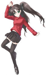Rule 34 | 00s, 1girl, black thighhighs, brown hair, fate/stay night, fate (series), gem, green eyes, kazuki ren, loafers, long hair, shoes, skirt, solo, thighhighs, tohsaka rin, turtleneck, twintails, two side up, zettai ryouiki
