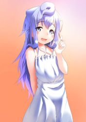Rule 34 | 1boy, blue eyes, blue hair, blush, commentary request, criss-cross halter, dress, gradient background, hacka doll, hacka doll 3, hair ribbon, halterneck, kagarimachi konatsu, long hair, looking at viewer, male focus, open mouth, orange background, ribbon, smile, solo, trap, white dress