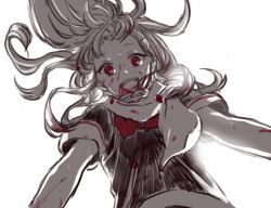 Rule 34 | 1girl, backlighting, black serafuku, blood, blood from mouth, blood in hair, blood on clothes, blood on face, girl on top, highres, kantai collection, looking at viewer, looking down, mai (maika 04), messy hair, neckerchief, red eyes, red neckerchief, scarf, school uniform, serafuku, simple background, solo, white background, yuudachi (kancolle), yuudachi kai ni (kancolle)