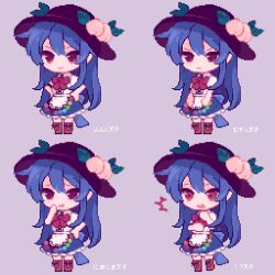 Rule 34 | 1girl, ahiru tokotoko, black headwear, blue hair, blue skirt, boots, bow, bowtie, brown footwear, closed mouth, commentary request, expressions, food, frilled skirt, frills, fruit, full body, grey background, hands on own hips, highres, hinanawi tenshi, leaf, long hair, looking at viewer, multiple views, open mouth, peach, pixel art, rainbow gradient, red bow, red bowtie, red eyes, shirt, short sleeves, simple background, skirt, smile, standing, touhou, translation request, white shirt