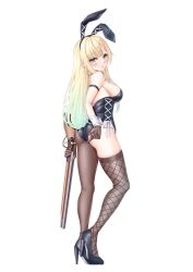 Rule 34 | 1girl, aizawa ema, animal ears, arms behind back, ass, asymmetrical legwear, bare shoulders, black footwear, blonde hair, blue eyes, blunt bangs, breasts, brown gloves, brown pantyhose, commentary request, contrapposto, detached collar, dot nose, fake animal ears, fishnet pantyhose, fishnets, full body, gloves, gun, high heels, highleg, highleg leotard, highres, hisame shiki, knees apart feet together, large breasts, leotard, light frown, long hair, looking at viewer, looking back, pantyhose, parted bangs, playboy bunny, shotgun, sideboob, single thighhigh, solo, standing, thighhighs, virtual youtuber, vspo!, weapon, wrist cuffs