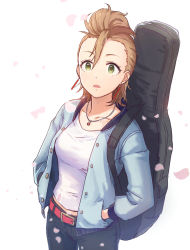 Rule 34 | 10s, 1girl, :o, bad id, bad pixiv id, belt, blue jacket, brown hair, cherry blossoms, collarbone, denim, earrings, emu (emum), green eyes, guitar case, hair between eyes, hands in pockets, highres, idolmaster, idolmaster cinderella girls, instrument case, jacket, jeans, jewelry, kimura natsuki, necklace, open clothes, open jacket, open mouth, pants, petals, quiff, shirt, short hair, solo, white shirt